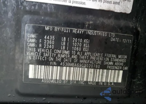 2012 Subaru Legacy 2.5I from USA, damaged, VIN 4S3BMBA69C3020780